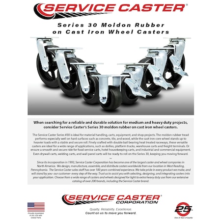 Service Caster 8 Inch Rubber on Steel Caster Set with Roller Bearing and Swivel Lock SCC SCC-30CS820-RSR-BSL-4